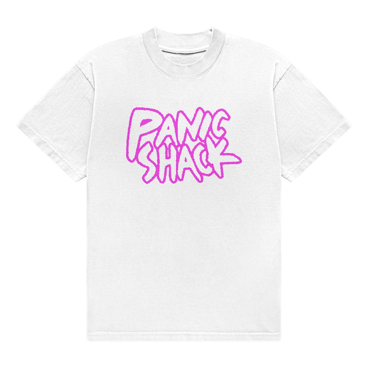 White Panic Shack logo T-shirt with pink print