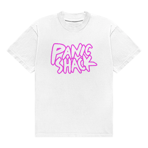 White Panic Shack logo T-shirt with pink print