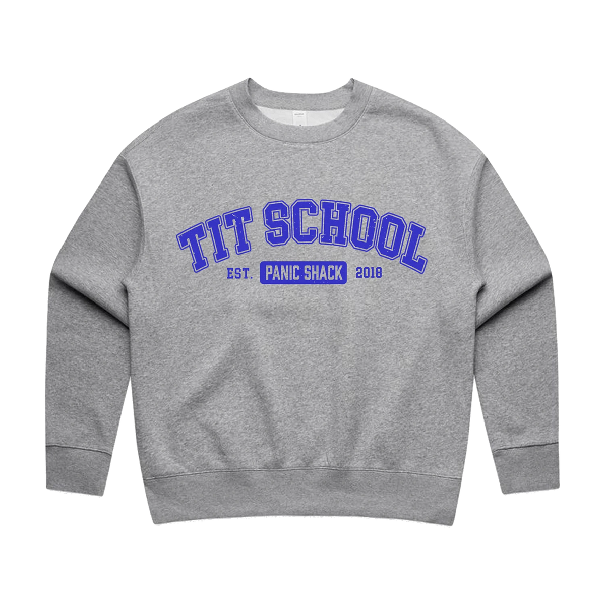 Grey Panic Shack Tit School sweatshirt with blue varsity print